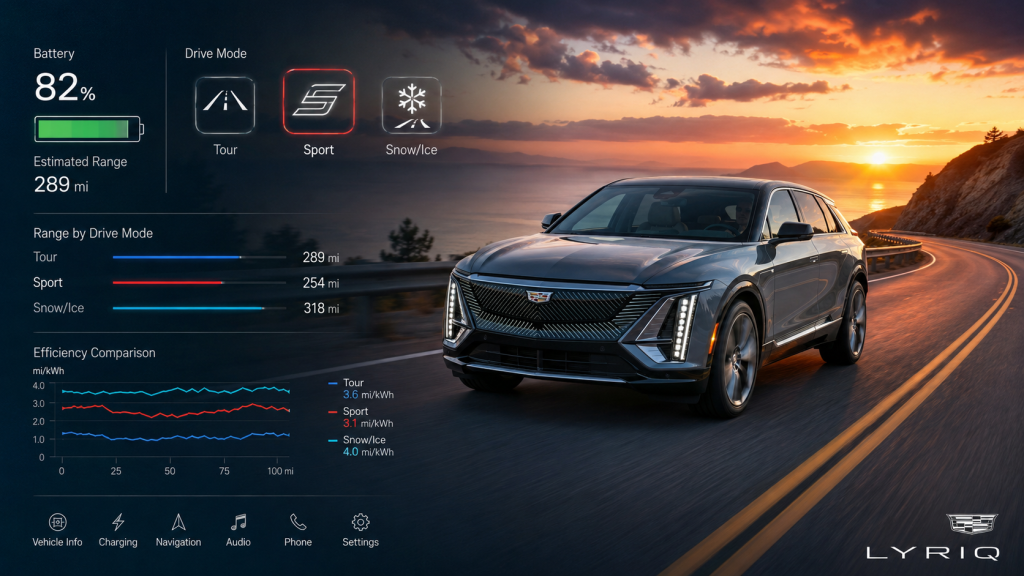 do the driving modes in cadillac lyriq offer different ranges or battery usages?