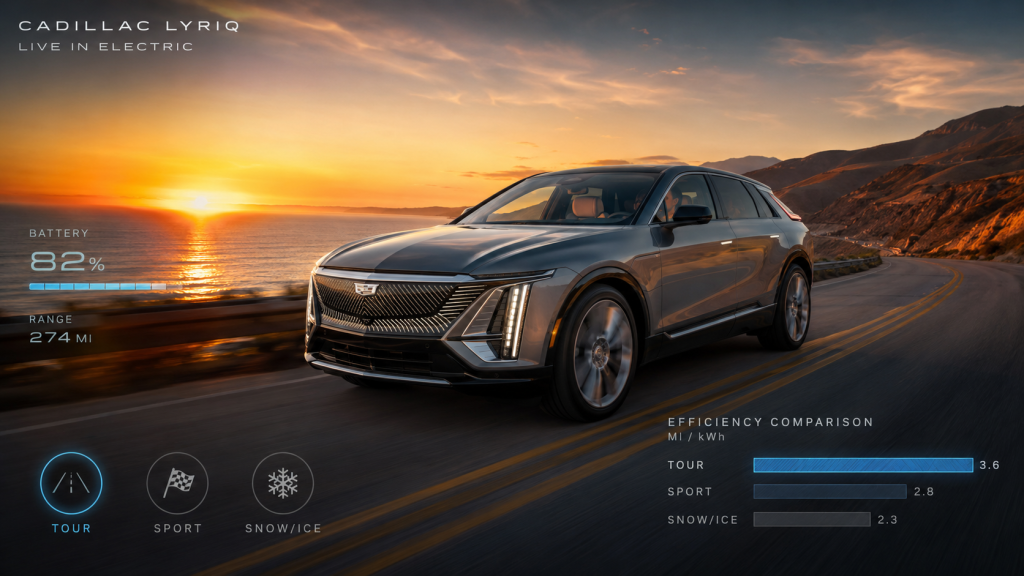 do the driving modes in cadillac lyriq offer different ranges or battery usages?